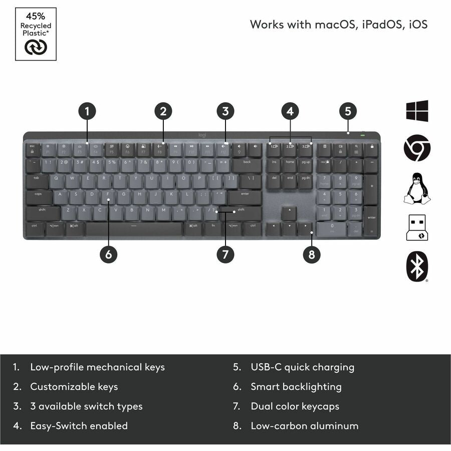 Logitech MX Mechanical Wireless Illuminated Performance Keyboard, Linear Switches, Backlit Keys, Bluetooth - 920-010548