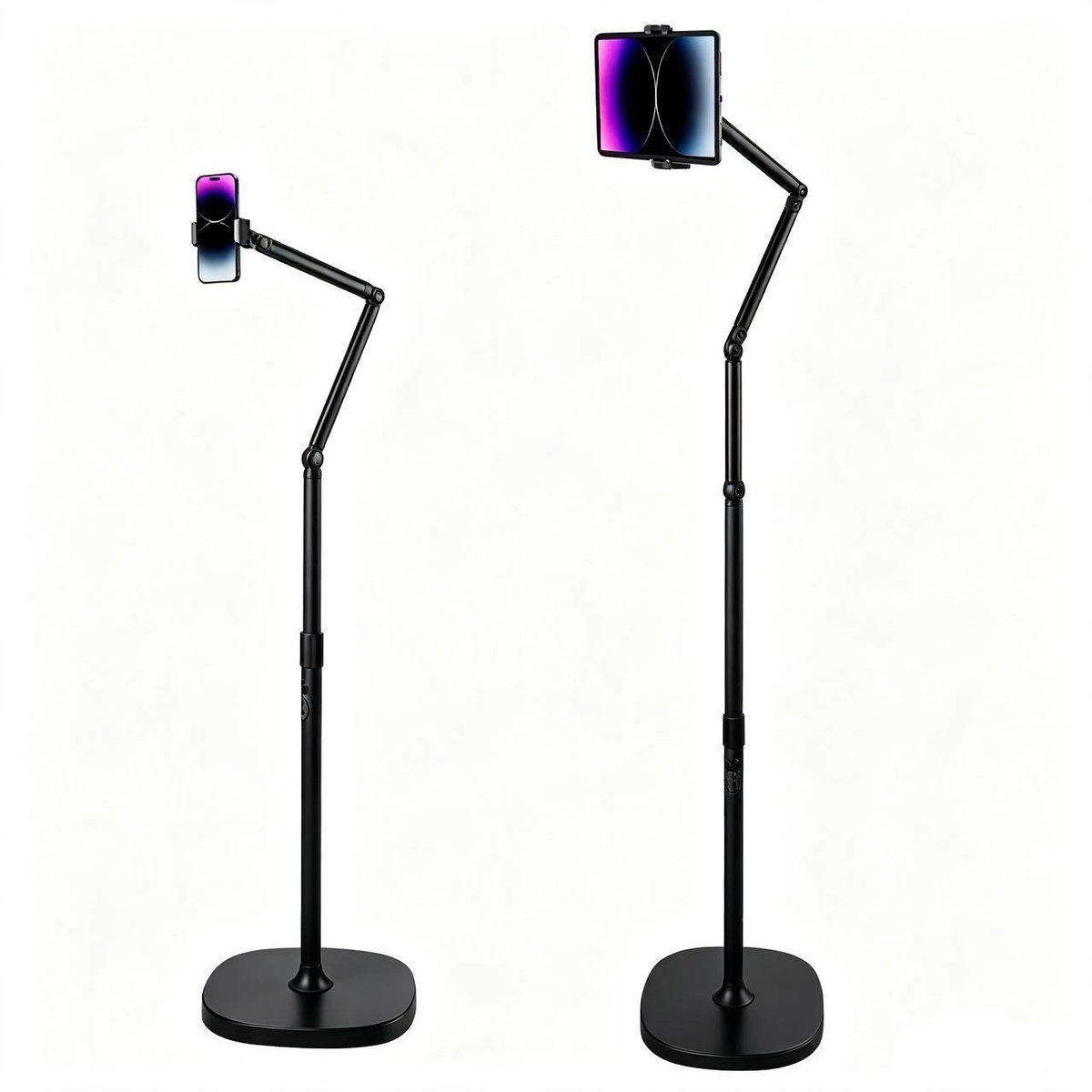 Universal Floor Stand for Phone & Tablet, Heavy-Duty Base Dual-Arm Adjustable Floor Holder for Bedroom, Office & Live Streaming