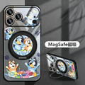 Bluey MagSafe Phone Case, 360° Rotatable Ring Holder Kickstand Case, Cute Cartoon Full Camera Protection Shockproof Cover for iPhone, Black Electroplated Frame