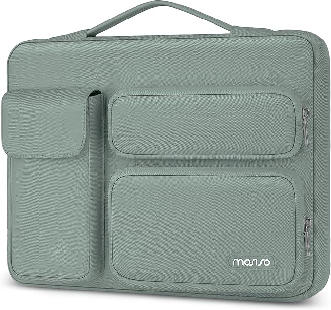 MOSISO 360 Protective Laptop Case 13.3 inch, 13-13.3 inch Laptop Sleeve Compatible with MacBook Air/Pro 13 / Pro 14, HP Dell ASUS Lenovo, Side Open Bag with 2 Raised&1 Flapover Pockets, Antique Green